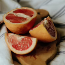 Citrus grapefruit ‘Star Ruby’ (Grapefruit) half fruit.