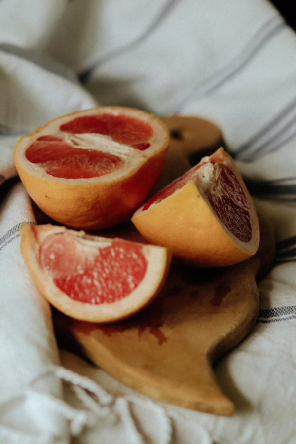 Citrus grapefruit ‘Star Ruby’ (Grapefruit) half fruit.
