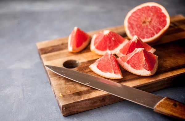 Citrus grapefruit ‘Star Ruby’ (Grapefruit) quarters.
